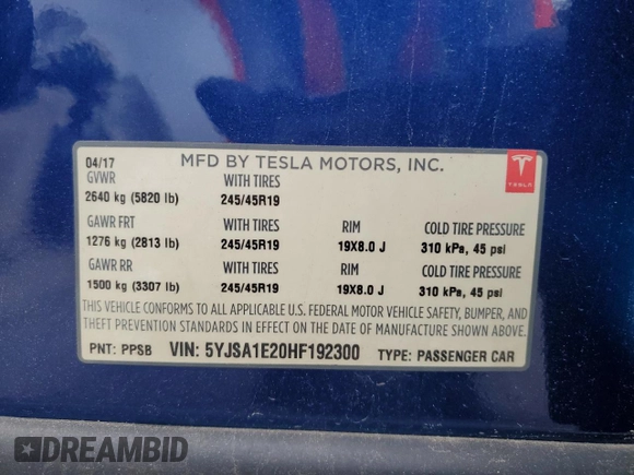 2017 Tesla Model S 100D z VIN 5YJSA1E20HF192300, wystawiony jako Copart lot #52931815 z przebiegiem 93 916 mil mil oraz Szkoda całkowita • Salvage title. Historia ofert i sprzedaży dostępna na DreamBid. Obrazek 14.