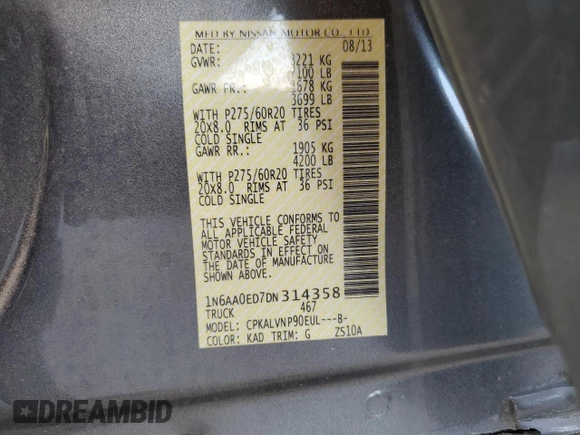 2013 Nissan Titan SL with VIN 1N6AA0ED7DN314358, listed as a Copart auction lot 44045835 with 128,038 mi miles and Salvage Title. Bid and sale history available at carsss.com. Image 15.