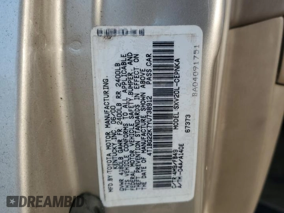 2000 Toyota Camry CE z VIN 4T1BG22K7YU738912, wystawiony jako Copart lot #88852845 z przebiegiem 122 569 mil mil oraz Szkoda całkowita • Salvage title. Historia ofert i sprzedaży dostępna na DreamBid. Obrazek 14.