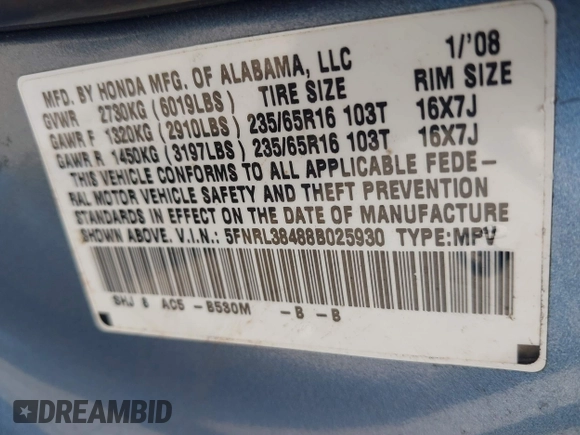 2008 Honda Odyssey EX with VIN 5FNRL38488B025930, listed as a IAAI auction lot 41062184 with 203,142 mi miles and . Bid and sale history available at DreamBid. Image 9.