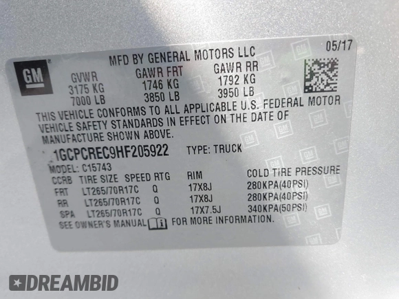 2017 Chevrolet Silverado 1500 LT with VIN 1GCPCREC9HF205922, listed as a IAAI auction lot 41420860 with Not Provided miles and . Bid and sale history available at DreamBid. Image 9.