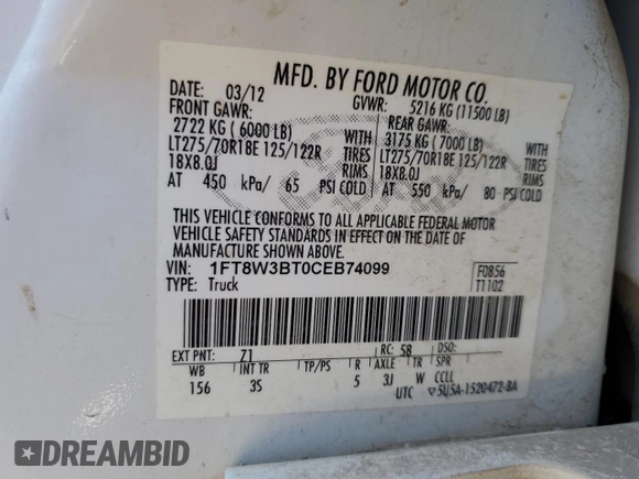 2012 Ford F-350 XL z VIN 1FT8W3BT0CEB74099, wystawiony jako Copart lot #47470204 z przebiegiem 172 041 mil mil oraz Szkoda całkowita • Salvage title. Historia ofert i sprzedaży dostępna na DreamBid. Obrazek 12.