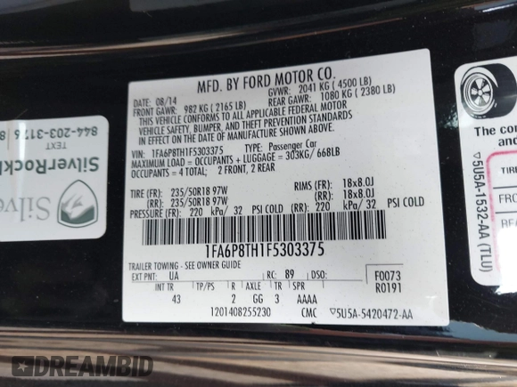 2015 Ford Mustang EcoBoost z VIN 1FA6P8TH1F5303375, wystawiony jako IAAI lot #40158795 z przebiegiem 134 668 mil mil oraz . Historia ofert i sprzedaży dostępna na DreamBid. Obrazek 9.