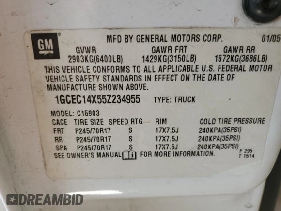 2005 Chevrolet Silverado 1500 Work Truck z VIN 1GCEC14X55Z234955, wystawiony jako Copart lot #58243335 z przebiegiem 311 753 mil mil oraz Szkoda całkowita • Salvage title. Historia ofert i sprzedaży dostępna na DreamBid. Obrazek 12.