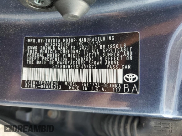 2016 Toyota Corolla L with VIN 5YFBURHE9GP407672, listed as a Copart auction lot 51806625 with 75,176 mi miles and Salvage Title. Bid and sale history available at DreamBid. Image 14.