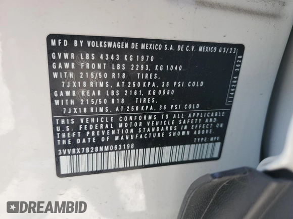 2022 Volkswagen Taos SE z VIN 3VVRX7B28NM063198, wystawiony jako Copart lot #56203605 z przebiegiem 35 220 mil mil oraz Szkoda całkowita • Salvage title. Historia ofert i sprzedaży dostępna na DreamBid. Obrazek 14.