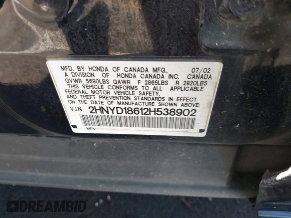 2002 Acura MDX Touring Pkg with VIN 2HNYD18612H538902, listed as a IAAI auction lot 41676747 with 202,715 mi miles. Bid and sale history available at carsss.com. Image 9.