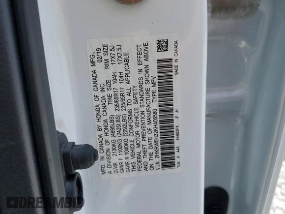 2019 Honda CR-V LX with VIN 2HKRW5H32KH406580, listed as a Copart auction lot 55534825 with 41,808 mi miles and Salvage Title. Bid and sale history available at DreamBid. Image 14.