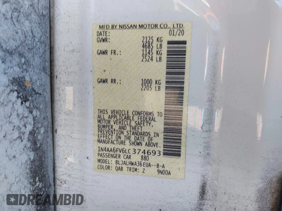 2020 Nissan Maxima Platinum with VIN 1N4AA6FV6LC374693, listed as a IAAI auction lot 41253104 with 123,231 mi miles and . Bid and sale history available at DreamBid. Image 9.