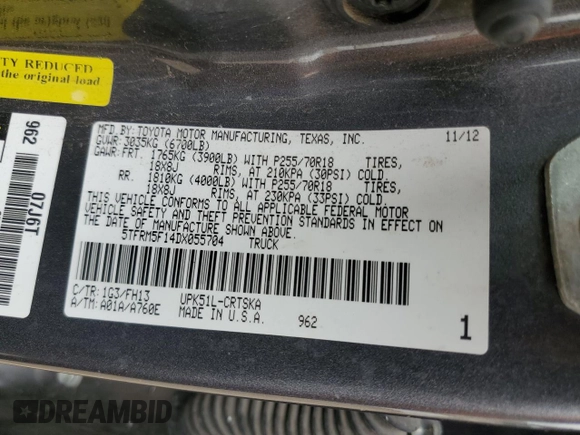 2013 Toyota Tundra z VIN 5TFRM5F14DX055704, wystawiony jako Copart lot #55935965 z przebiegiem 179 268 mil mil oraz Szkoda całkowita • Salvage title. Historia ofert i sprzedaży dostępna na DreamBid. Obrazek 12.