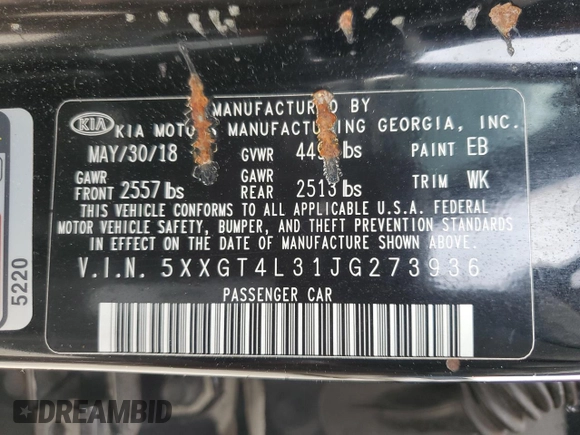 2018 Kia Optima LX with VIN 5XXGT4L31JG273936, listed as a Copart auction lot 51833905 with 72,795 mi miles and Salvage Title. Bid and sale history available at DreamBid. Image 12.