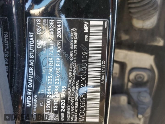 2013 Mercedes-Benz GLK 350 with VIN WDCGG8JB2DG103159, listed as a Copart auction lot 77387244 with 135,438 mi miles and Salvage Title. Bid and sale history available at DreamBid. Image 12.