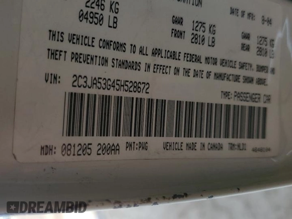 2005 Chrysler 300 Touring with VIN 2C3JA53G45H528672, listed as a Copart auction lot 55081825 with Not Provided miles and Salvage Title. Bid and sale history available at DreamBid. Image 12.