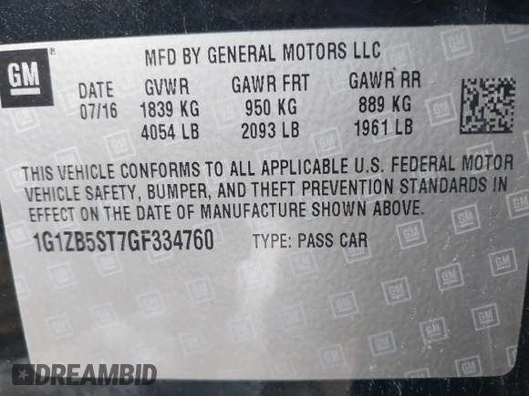 2016 Chevrolet Malibu LS with VIN 1G1ZB5ST7GF334760, listed as a IAAI auction lot 42007865 with 113,776 mi miles and . Bid and sale history available at carsss.com. Image 9.