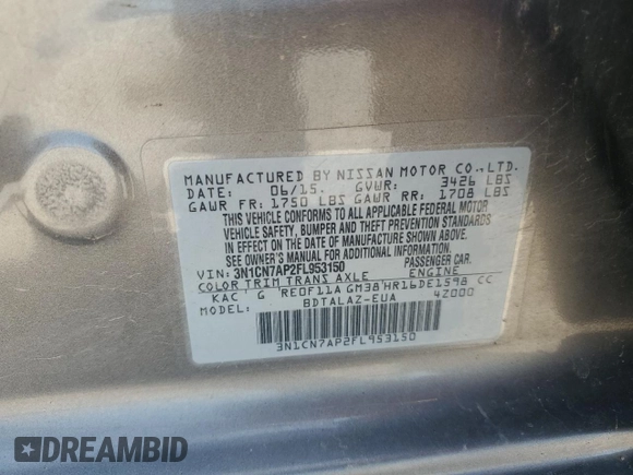 2015 Nissan Versa SV with VIN 3N1CN7AP2FL953150, listed as a Copart auction lot 61594975 with 105,951 mi miles and Salvage title. Bid and sale history available at DreamBid. Image 12.