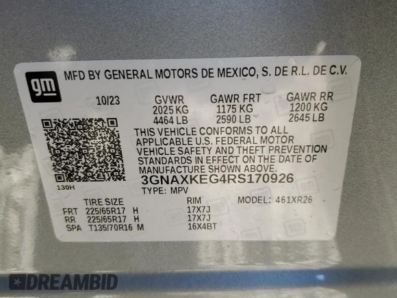 2024 Chevrolet Equinox LT with VIN 3GNAXKEG4RS170926, listed as a Copart auction lot 88714415 with 12,305 mi miles and Salvage Title. Bid and sale history available at DreamBid. Image 15.