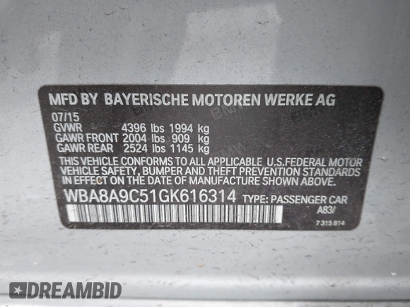 2016 BMW 3 Series 320i with VIN WBA8A9C51GK616314, listed as a IAAI auction lot 41344323 with 78,891 mi miles. Bid and sale history available at carsss.com. Image 9.