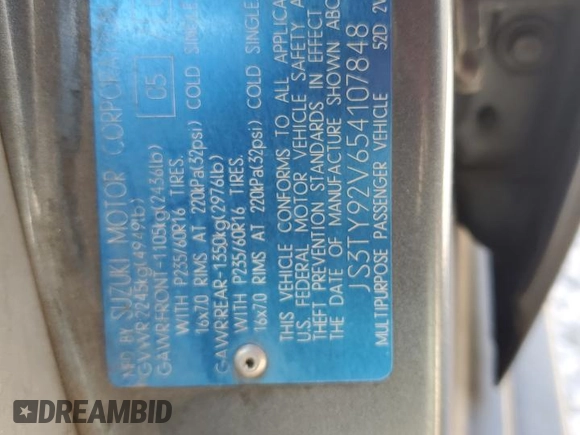 2005 Suzuki XL7 LX z VIN JS3TY92V654107848, wystawiony jako Copart lot #73425794 z przebiegiem Nie podano mil oraz Szkoda całkowita • Salvage title. Historia ofert i sprzedaży dostępna na DreamBid. Obrazek 13.