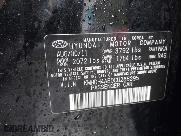 2012 Hyundai Elantra Limited with VIN KMHDH4AE0CU288395, listed as a IAAI auction lot 40462553 with 108,367 mi miles. Bid and sale history available at carsss.com. Image 9.