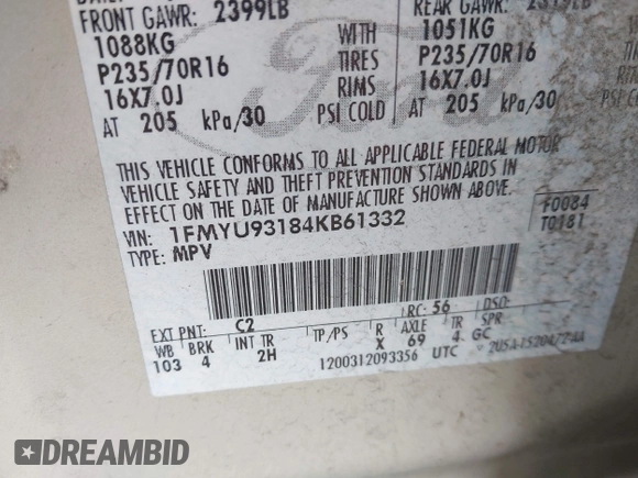 2004 Ford Escape XLT с VIN 1FMYU93184KB61332, выставлен на аукционе IAAI как лот 42024633 с пробегом 252 972 миль миль и . История ставок и продаж доступна на DreamBid. Изображение 9.