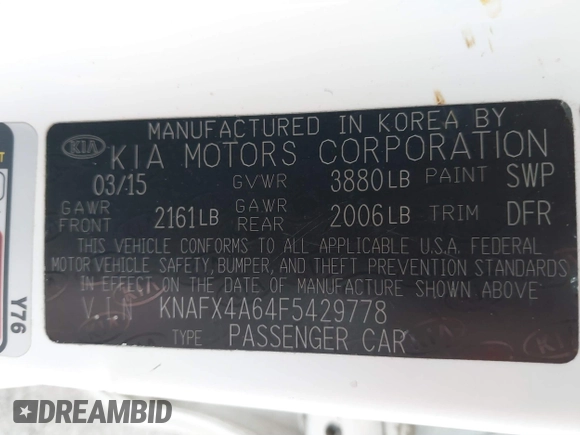 2015 Kia Forte LX with VIN KNAFX4A64F5429778, listed as a IAAI auction lot 41732846 with 167,253 mi miles. Bid and sale history available at carsss.com. Image 9.