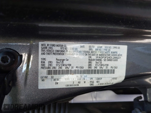 2013 Ford Focus SE with VIN 1FADP3F24DL288221, listed as a IAAI auction lot 41646815 with 169,617 mi miles. Bid and sale history available at carsss.com. Image 9.