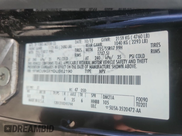 2013 Ford Escape SE with VIN 1FMCU9GX1DUB62190, listed as a Copart auction lot 65360805 with 134,955 mi miles and Clean title. Bid and sale history available at DreamBid. Image 10.
