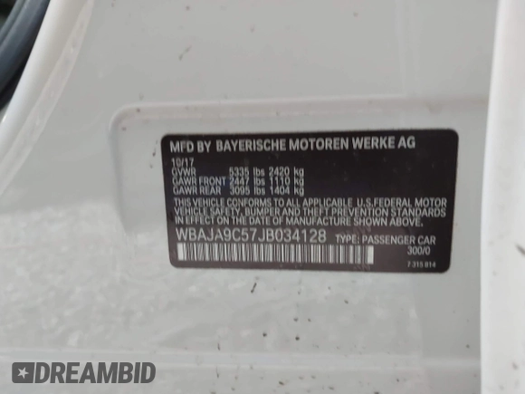2018 BMW 5 Series 530e with VIN WBAJA9C57JB034128, listed as a IAAI auction lot 41800329 with 66,684 mi miles and . Bid and sale history available at DreamBid. Image 9.