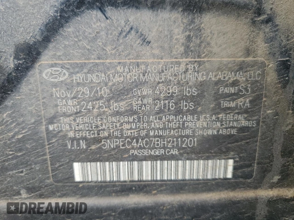 2011 Hyundai Sonata Limited with VIN 5NPEC4AC7BH211201, listed as a Copart auction lot 52184175 with 199,806 mi miles and Salvage Title. Bid and sale history available at DreamBid. Image 12.