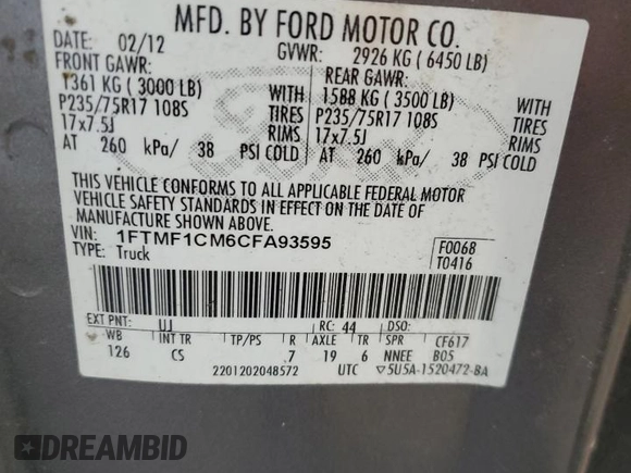 2012 Ford F-150 XL with VIN 1FTMF1CM6CFA93595, listed as a Copart auction lot 47255365 with 137,372 mi miles and Salvage Title. Bid and sale history available at carsss.com. Image 14.