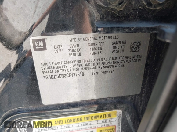 2012 Buick LaCrosse Premium 1 with VIN 1G4GD5ER3CF177310, listed as a IAAI auction lot 42631592 with 155,326 mi miles and . Bid and sale history available at DreamBid. Image 9.