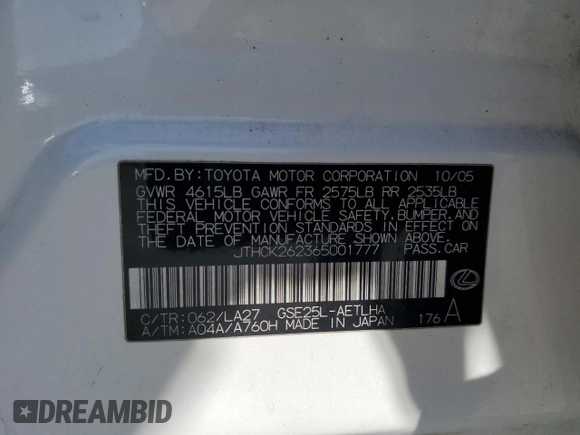2006 Lexus IS 250 with VIN JTHCK262365001777, listed as a Copart auction lot 54920705 with 177,803 mi miles and Salvage title. Bid and sale history available at DreamBid. Image 12.