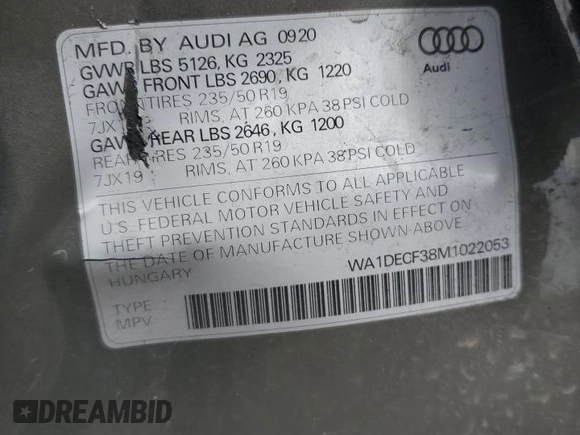 2021 Audi Q3 S line Premium with VIN WA1DECF38M1022053, listed as a Copart auction lot 47713663 with 17,545 mi miles. Bid and sale history available at carsss.com. Image 13.