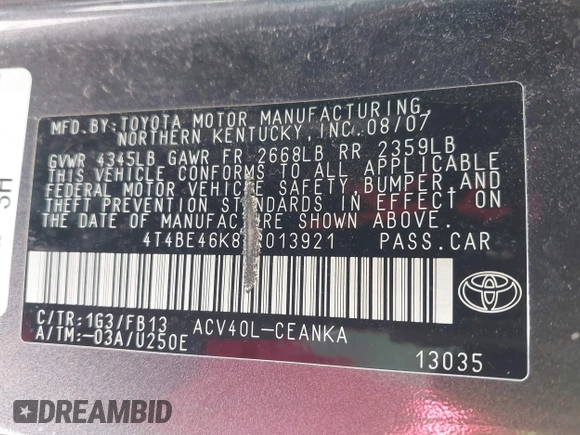 2008 Toyota Camry LE z VIN 4T4BE46K88R013921, wystawiony jako IAAI lot #42198695 z przebiegiem 148 370 mil mil oraz . Historia ofert i sprzedaży dostępna na DreamBid. Obrazek 9.