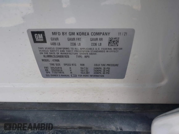 2022 Buick Encore GX Preferred with VIN KL4MMCSL0NB081828, listed as a IAAI auction lot 42252439 with 84,934 mi miles and . Bid and sale history available at DreamBid. Image 9.