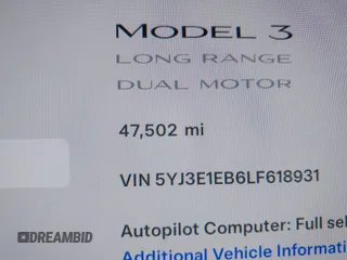 2020 Tesla Model 3 Long Range with VIN 5YJ3E1EB6LF618931, listed as a IAAI auction lot 41867451 with 47,502 mi miles and . Bid and sale history available at DreamBid. Image 7.