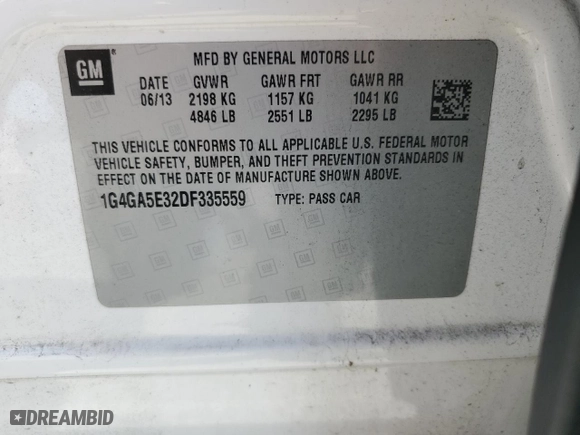 2013 Buick LaCrosse with VIN 1G4GA5E32DF335559, listed as a Copart auction lot 50178905 with 170,603 mi miles and Salvage Title. Bid and sale history available at carsss.com. Image 14.