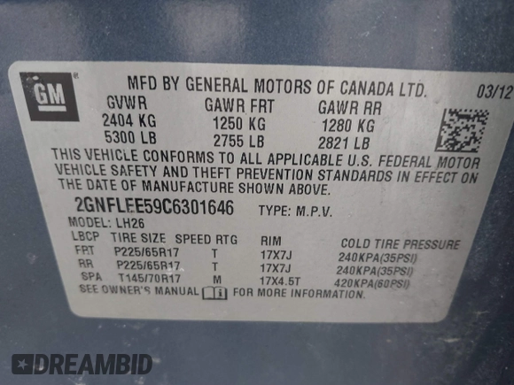 2012 Chevrolet Equinox LT w/1LT with VIN 2GNFLEE59C6301646, listed as a IAAI auction lot 41613051 with 164,288 mi miles. Bid and sale history available at carsss.com. Image 9.