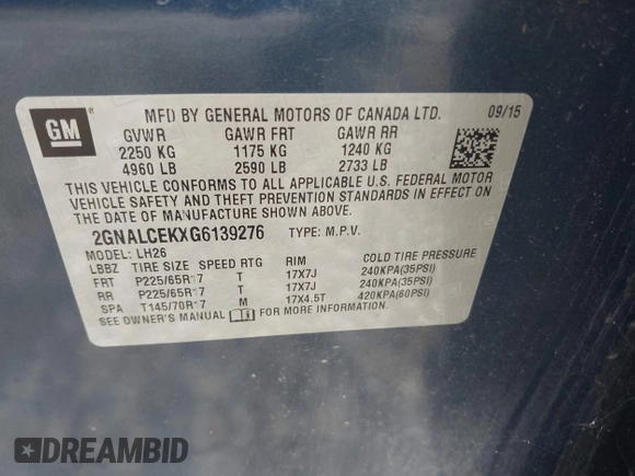 2016 Chevrolet Equinox LT z VIN 2GNALCEKXG6139276, wystawiony jako IAAI lot #42421829 z przebiegiem 139 201 mil mil oraz . Historia ofert i sprzedaży dostępna na DreamBid. Obrazek 9.
