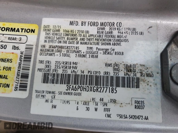 2016 Ford Fusion SE with VIN 3FA6P0HDXGR277185, listed as a Copart auction lot 43127535 with 140,215 mi miles and Clean title. Bid and sale history available at DreamBid. Image 12.