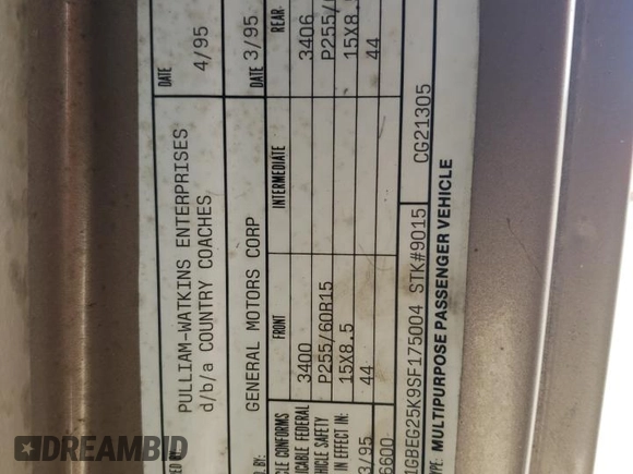 1995 Chevrolet Chevy Van z VIN 1GBEG25K9SF175004, wystawiony jako Copart lot #77952694 z przebiegiem 217 649 mil mil oraz Szkoda całkowita • Salvage title. Historia ofert i sprzedaży dostępna na DreamBid. Obrazek 13.