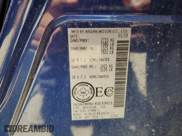 2019 Nissan Pathfinder S z VIN 5N1DR2MM9KC603901, wystawiony jako Copart lot #56871785 z przebiegiem 48 788 mil mil oraz Szkoda całkowita • Salvage title. Historia ofert i sprzedaży dostępna na DreamBid. Obrazek 13.