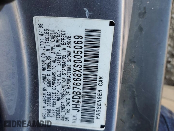 1999 Acura Integra z VIN JH4DB7668XS005069, wystawiony jako Copart lot #61384394 z przebiegiem 207 353 mil mil oraz Szkoda całkowita • Salvage title. Historia ofert i sprzedaży dostępna na DreamBid. Obrazek 12.