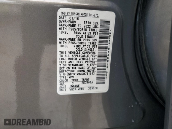 2016 Infiniti QX70 with VIN JN8CS1MW4GM751993, listed as a Copart auction lot 56351675 with Not provided miles and Salvage title. Bid and sale history available at DreamBid. Image 12.