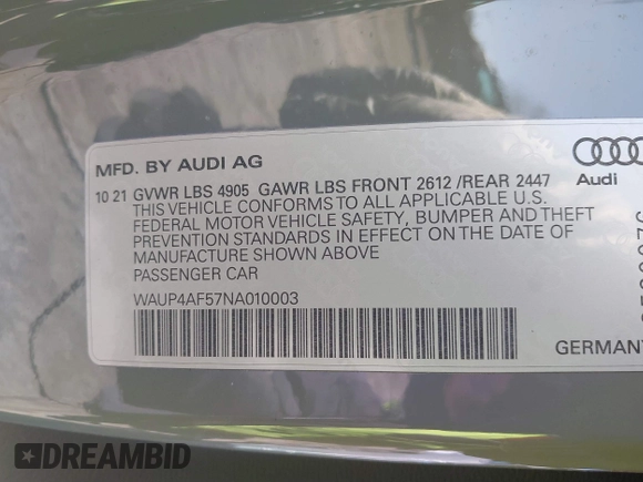 2022 Audi S5 Coupe Premium Plus with VIN WAUP4AF57NA010003, listed as a IAAI auction lot 41579995 with Not Provided miles. Bid and sale history available at carsss.com. Image 9.