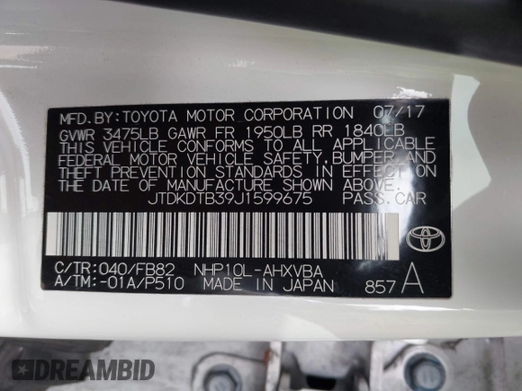 2018 Toyota Prius One with VIN JTDKDTB39J1599675, listed as a IAAI auction lot 42041921 with 64,586 mi miles and . Bid and sale history available at DreamBid. Image 9.