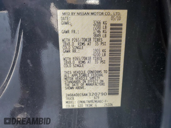 2010 Nissan Titan LE with VIN 1N6BA0EC6AN320790, listed as a Copart auction lot 52613495 with 224,118 mi miles and Salvage Title. Bid and sale history available at carsss.com. Image 12.