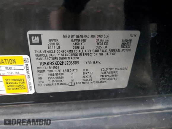 2017 GMC Acadia Limited z VIN 1GKKRSKD2HJ203606, wystawiony jako Copart lot #55163095 z przebiegiem 95 951 mil mil oraz Szkoda całkowita • Salvage title. Historia ofert i sprzedaży dostępna na DreamBid. Obrazek 13.