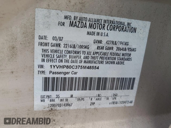 2007 Mazda 6 i Touring with VIN 1YVHP80C375M48554, listed as a Copart auction lot 61789634 with 105,250 mi miles and Clean Title. Bid and sale history available at DreamBid. Image 12.