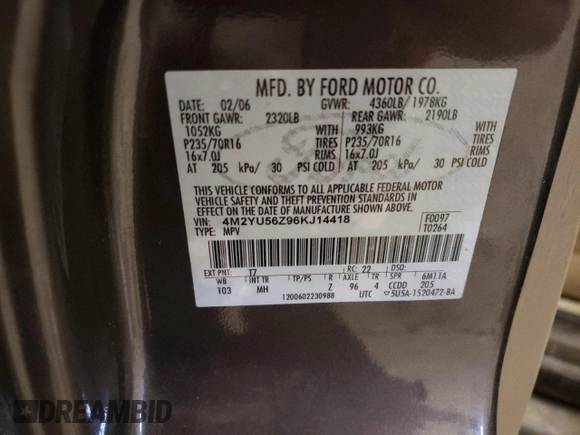 2006 Mercury Mariner Convenience with VIN 4M2YU56Z96KJ14418, listed as a Copart auction lot 47179135 with 163,557 mi miles and Salvage title. Bid and sale history available at DreamBid. Image 14.